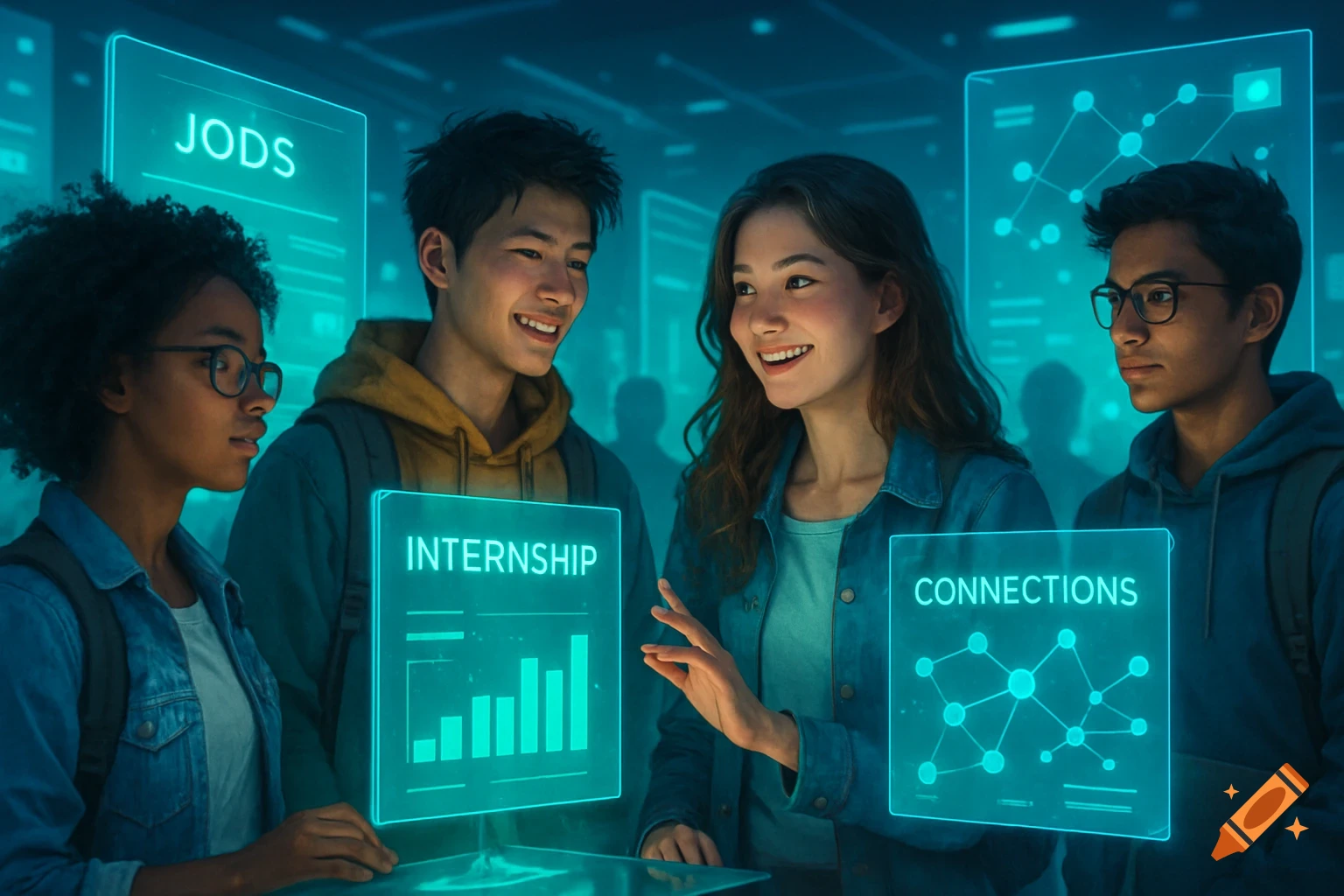 Four diverse students interact with glowing holographic screens displaying words like 'JODS', 'INTERNSHIP', and 'CONNECTIONS' in a futuristic setting.