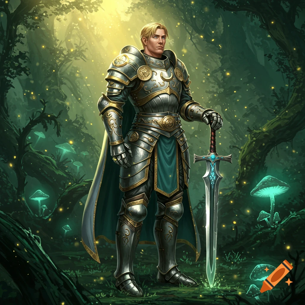 A valiant knight in detailed silver and gold armor stands in a mystical, glowing forest, holding a luminous sword.
