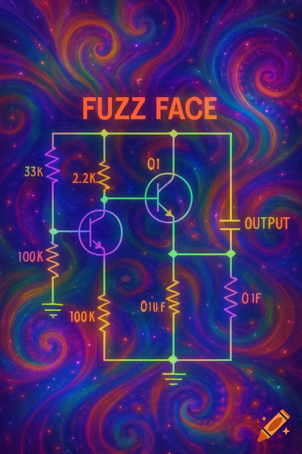 A colorful, psychedelic background featuring a neon-outlined electronic circuit diagram titled "FUZZ FACE" with various component labels.