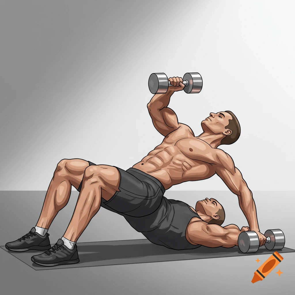 Illustration of two muscular men exercising with dumbbells, one performing a lying tricep extension on top of the other.