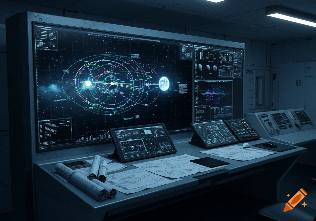 A futuristic spacecraft control room with a large screen displaying celestial maps and orbital dynamics, surrounded by smaller console displays and technical drawings.
