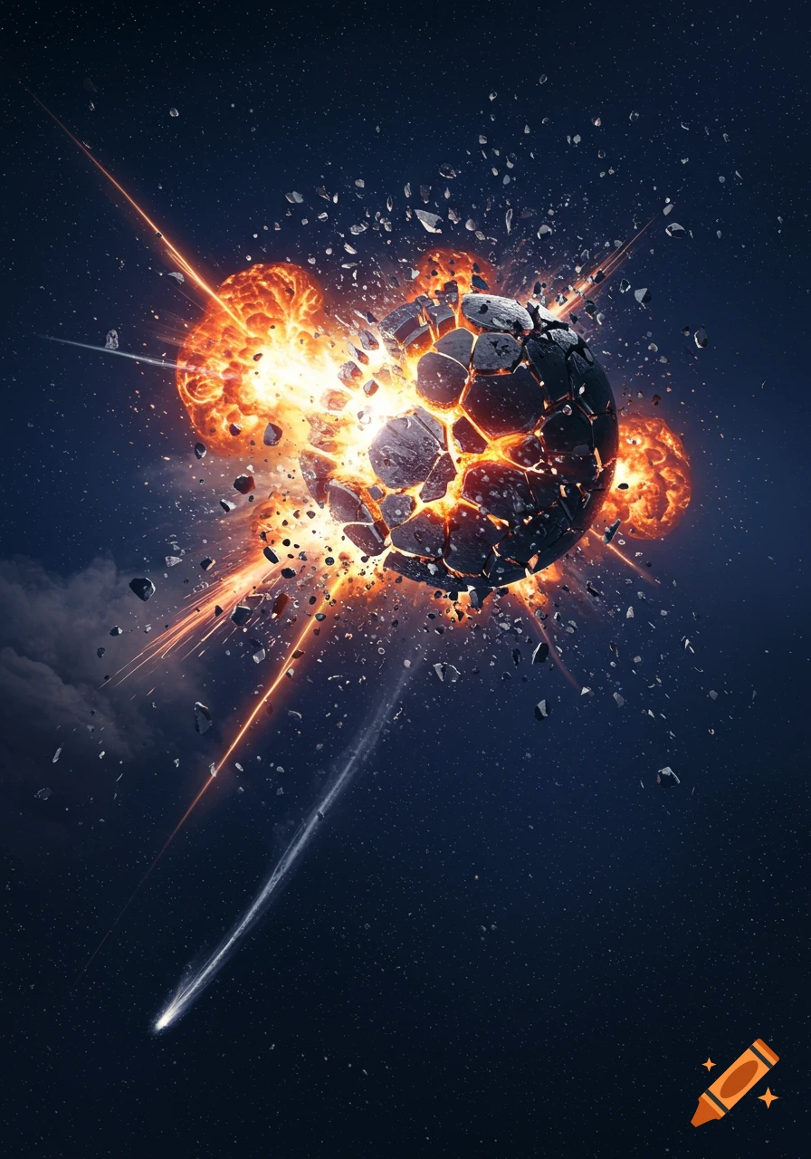 A large, dark celestial body shatters into fiery pieces amidst a vibrant explosion in deep space, with a bright comet streaking below.