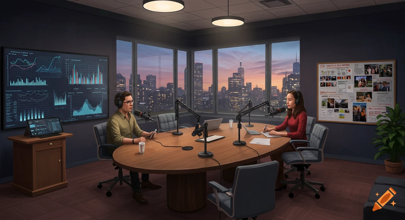 Two people recording a podcast in a modern studio with microphones and headphones, overlooking a city skyline at sunset.