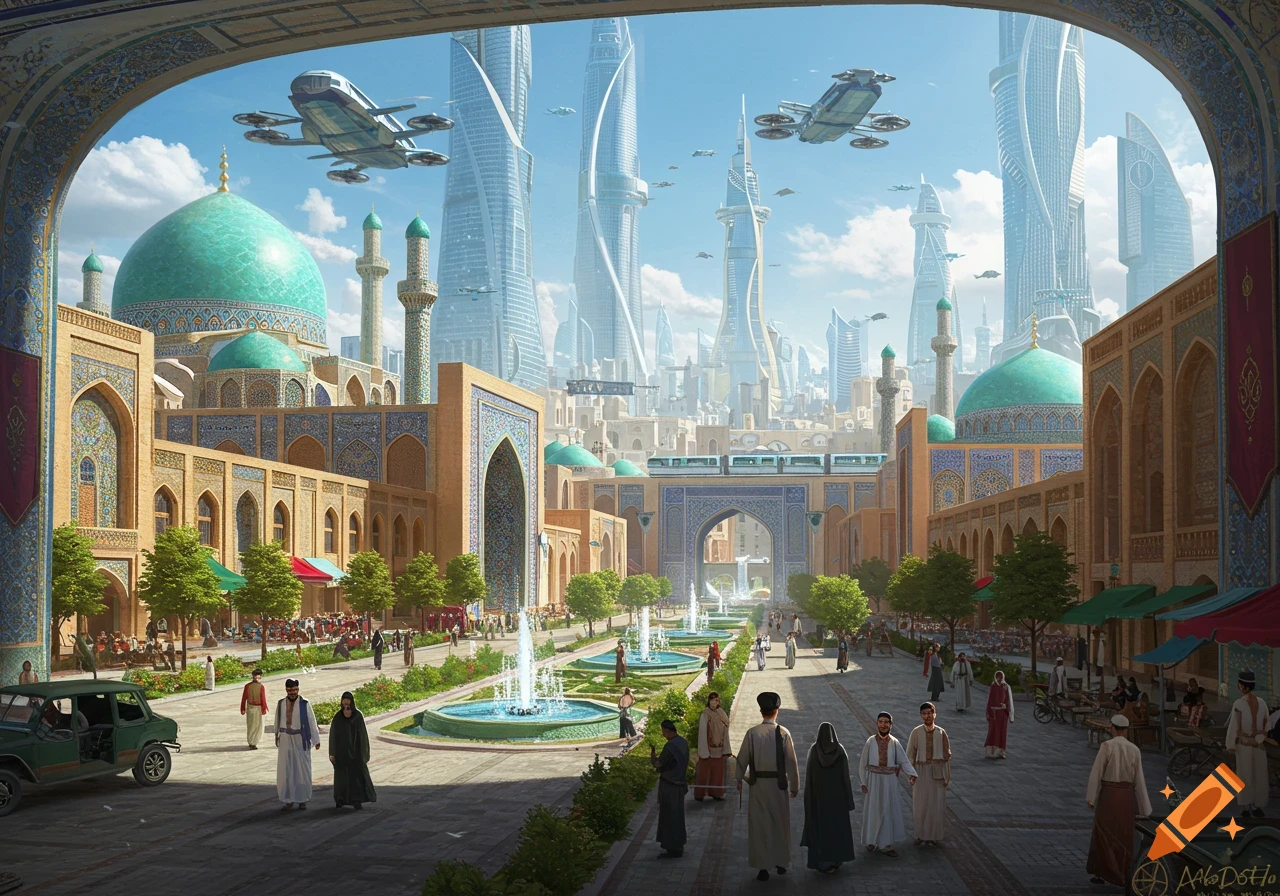 Vibrant futuristic cityscape blending traditional Persian architecture with modern skyscrapers, flying cars, and people on wide streets.