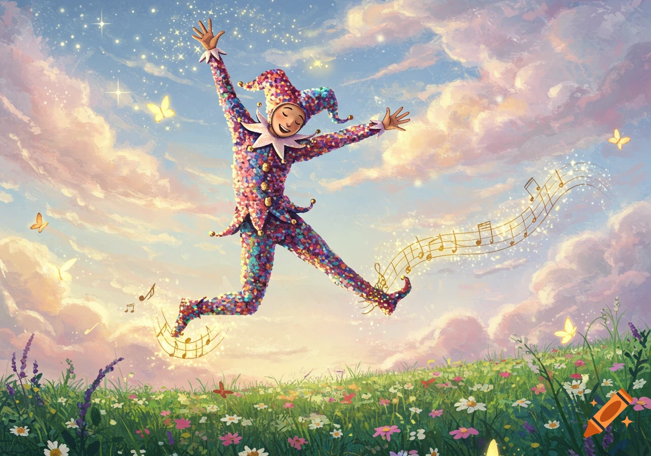 A colorful, whimsical jester figure leaps joyfully in a vibrant wildflower field under a magical sky with musical notes and butterflies.