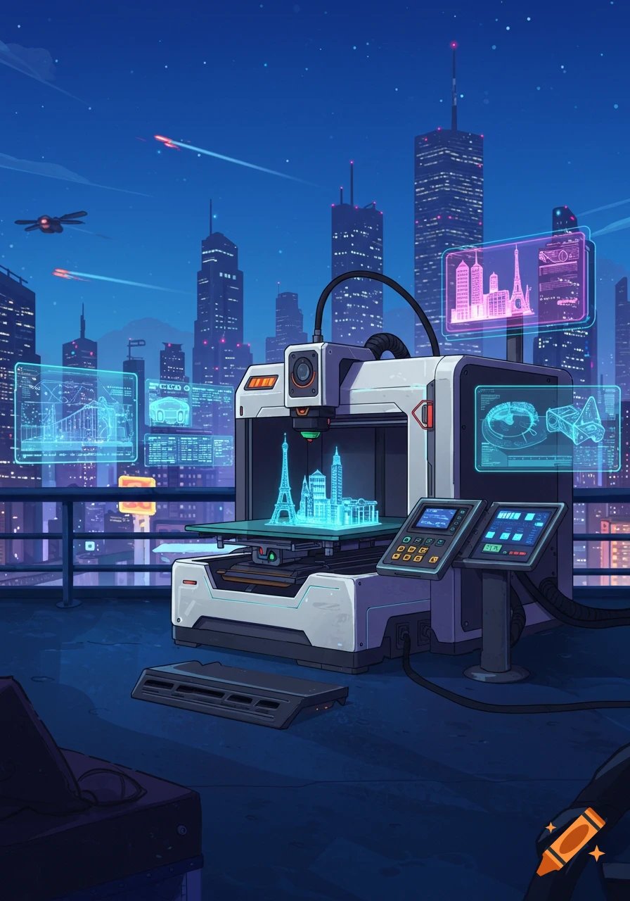 A futuristic 3D printer creating holographic buildings on a rooftop in a vibrant, stylized cyberpunk city at night.