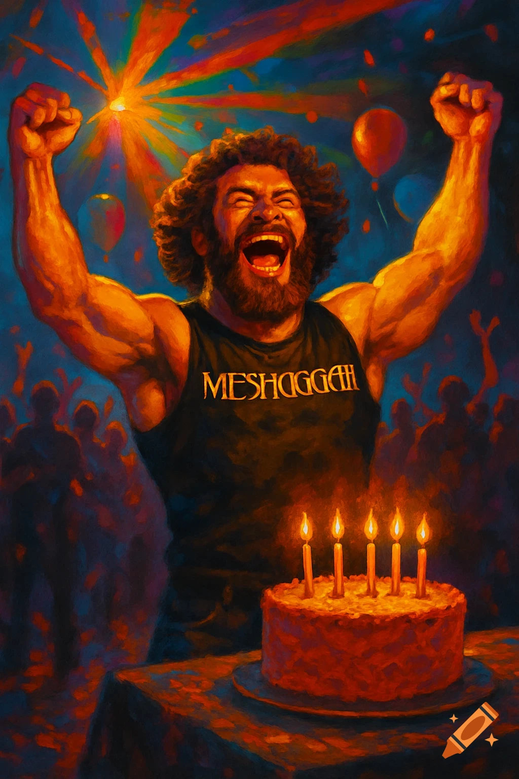 A muscly man with curly hair and beard celebrates his birthday with arms raised, in a painterly style, with a cake and balloons.