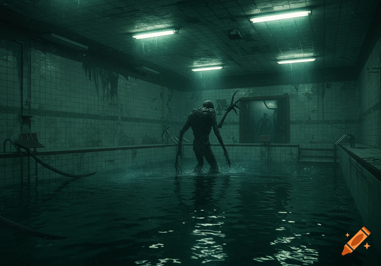 A tall, skeletal monster stands in murky water within a dark, decaying poolroom with dim green lights.