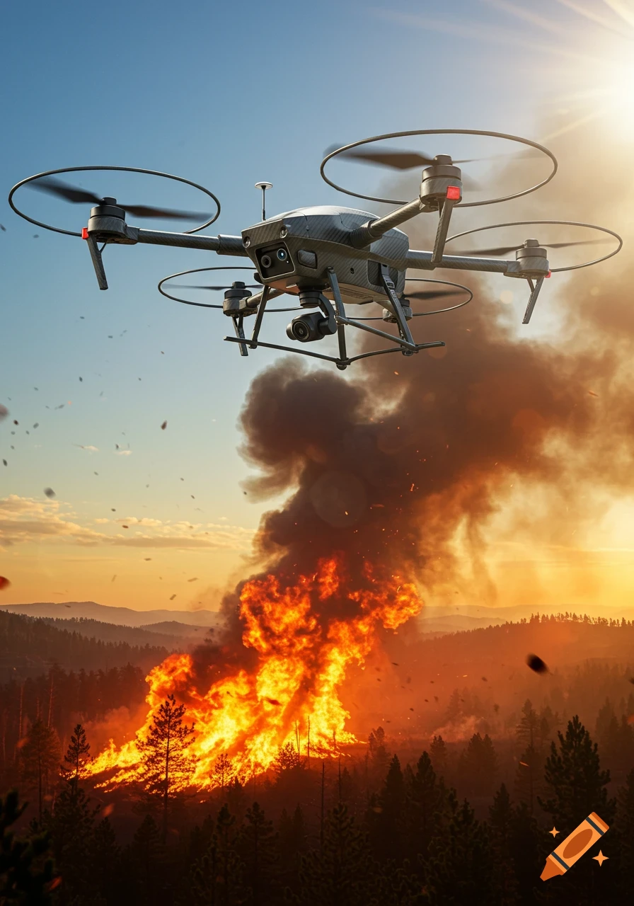 A quadcopter drone flies over a raging wildfire consuming a forest at sunset.