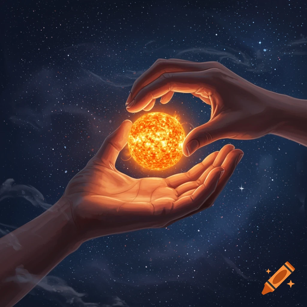Illustrated hands gently hold a glowing sun against a starry cosmic background.