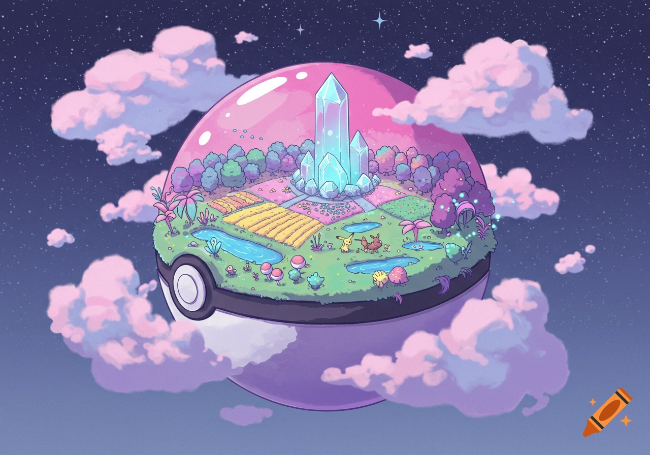 A colorful cartoon fantasy island with a large crystal and small Pokemon creatures inside a giant floating Pokeball under a starry sky.