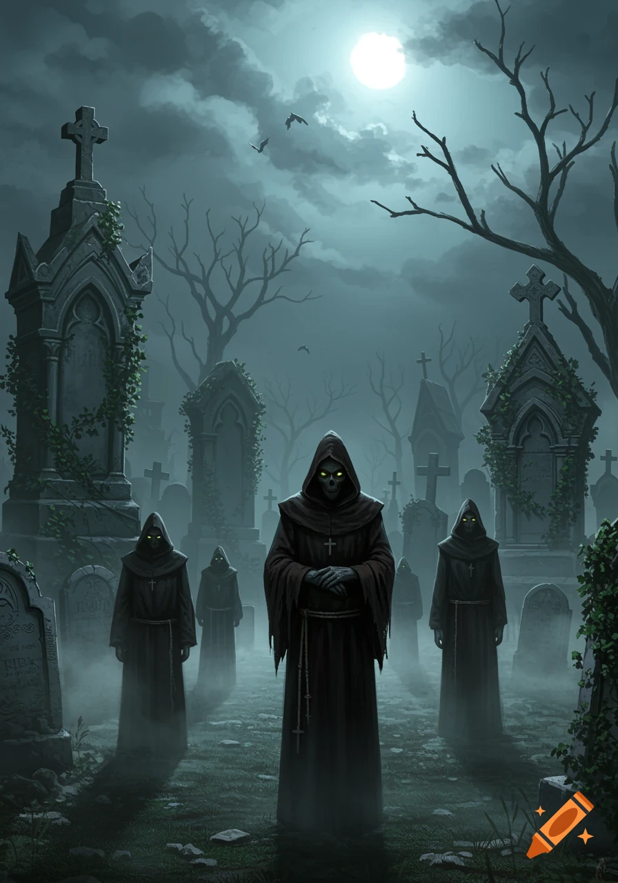 Cloaked figures with glowing eyes stand in a misty, moonlit graveyard with ornate tombstones.