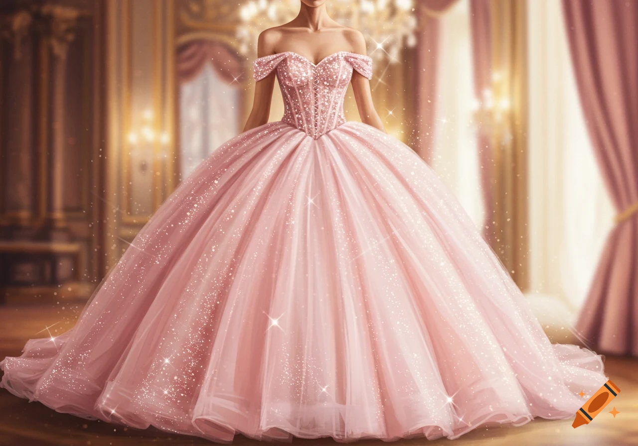 A woman in a sparkling pink off-the-shoulder ballgown with a large, layered tulle skirt, standing in an opulent golden room.