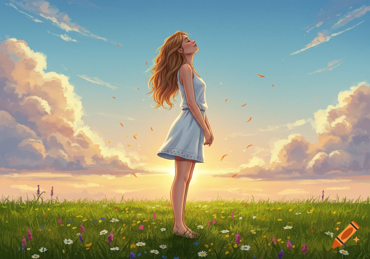 An illustrated woman with long hair stands peacefully in a vibrant green field of flowers, looking up at a beautiful sunset sky.