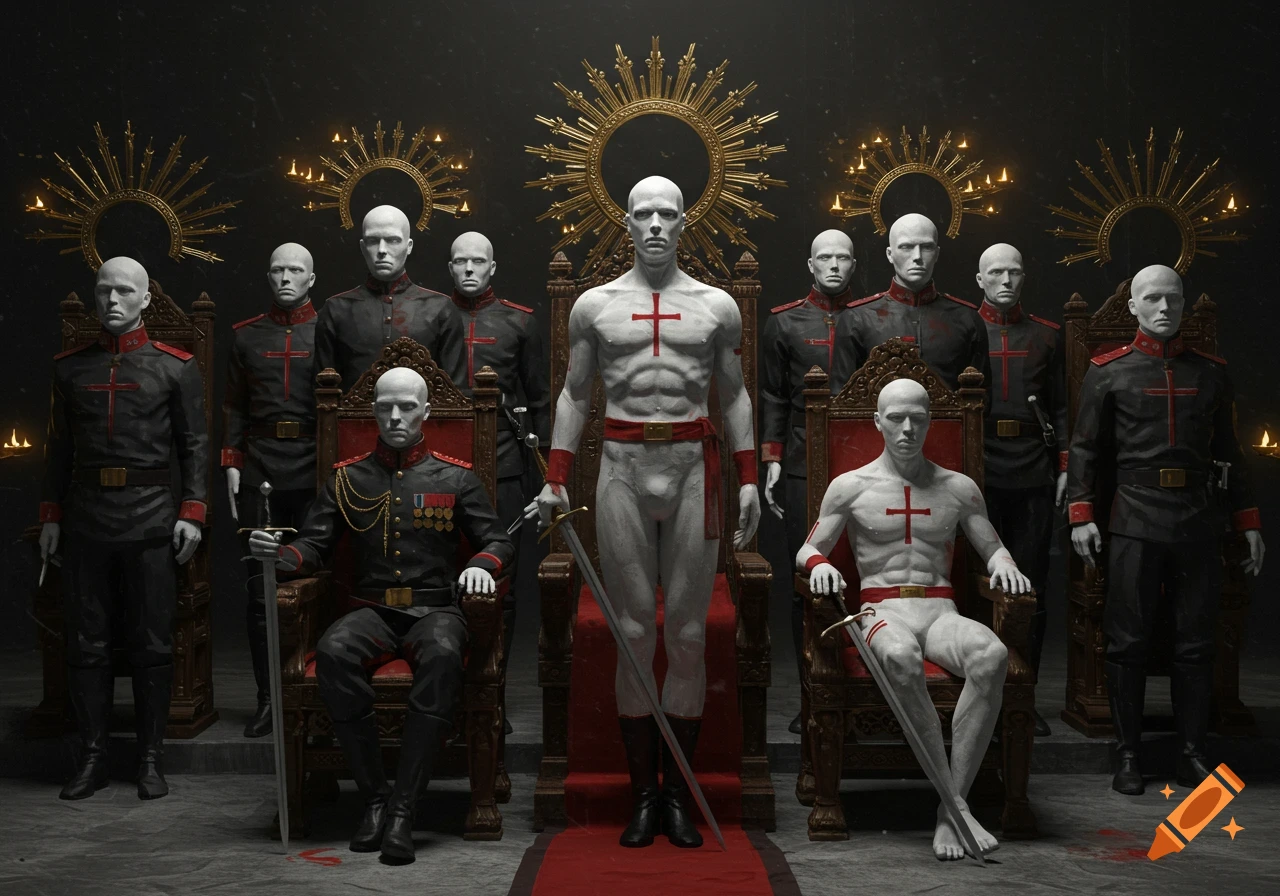 Stark image of a bald, muscular man with a red cross on his chest standing before a throne, surrounded by several other bald men in black military-style uniforms, some seated on thrones, in a dark, ceremonial setting with gold halos and candles.