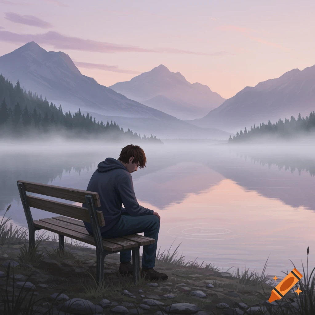 A sad person sits on a wooden bench by a misty lake, with distant mountains and pine trees under a pastel sky.
