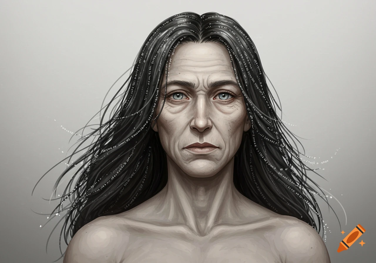 Close-up portrait of an older woman with long dark hair interwoven with white data-like symbols, looking calmly at the viewer.