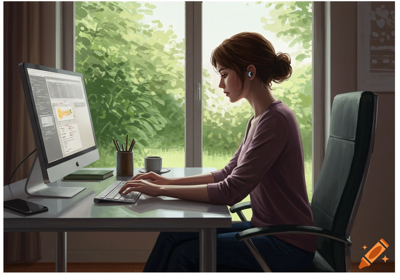 An illustrative side view of a woman with good posture typing on a keyboard at a computer desk, with a bright window behind her.