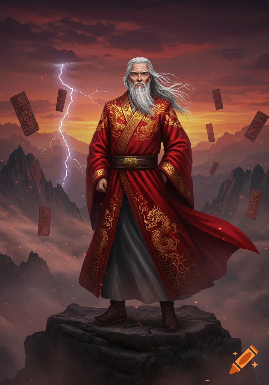 A wise old man with a long white beard in a red, dragon-embroidered robe stands on a mountain under a lightning-lit, stormy sky with floating tablets.