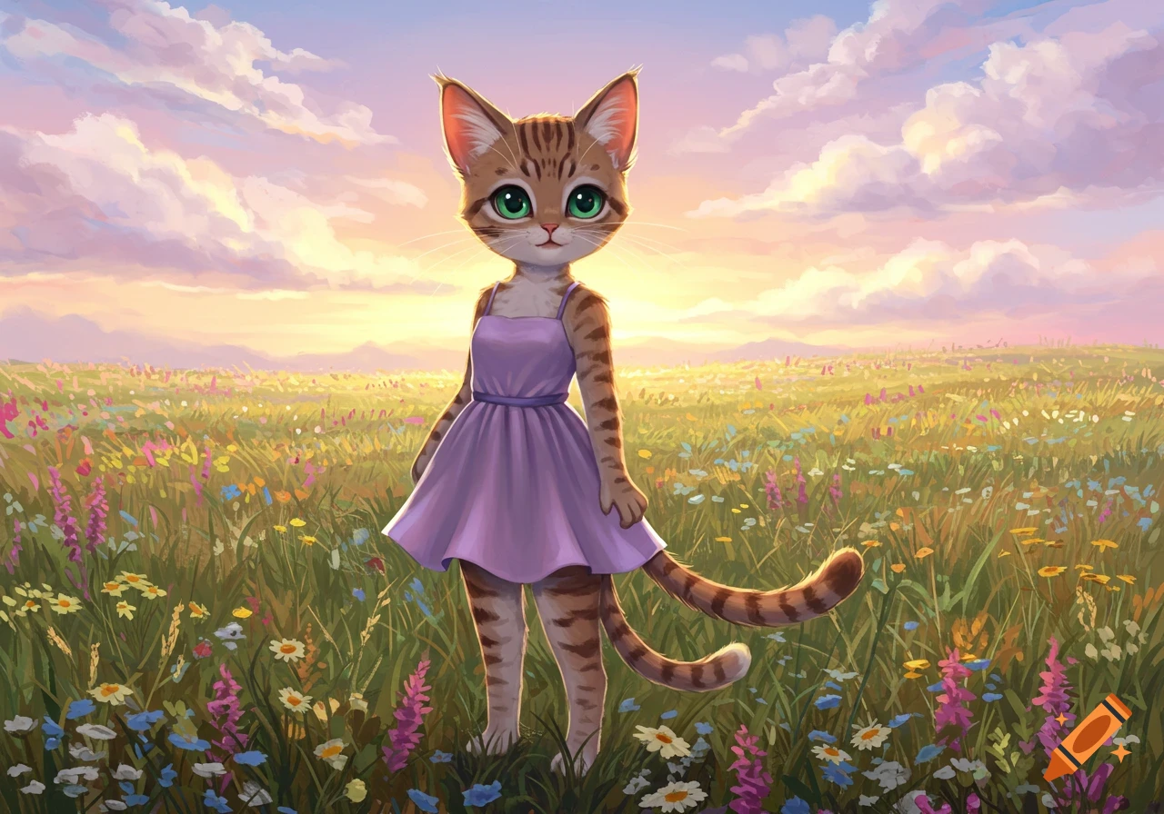 A cartoon cat-like character with green eyes and stripes wears a purple dress while standing in a colorful wildflower field at sunset.