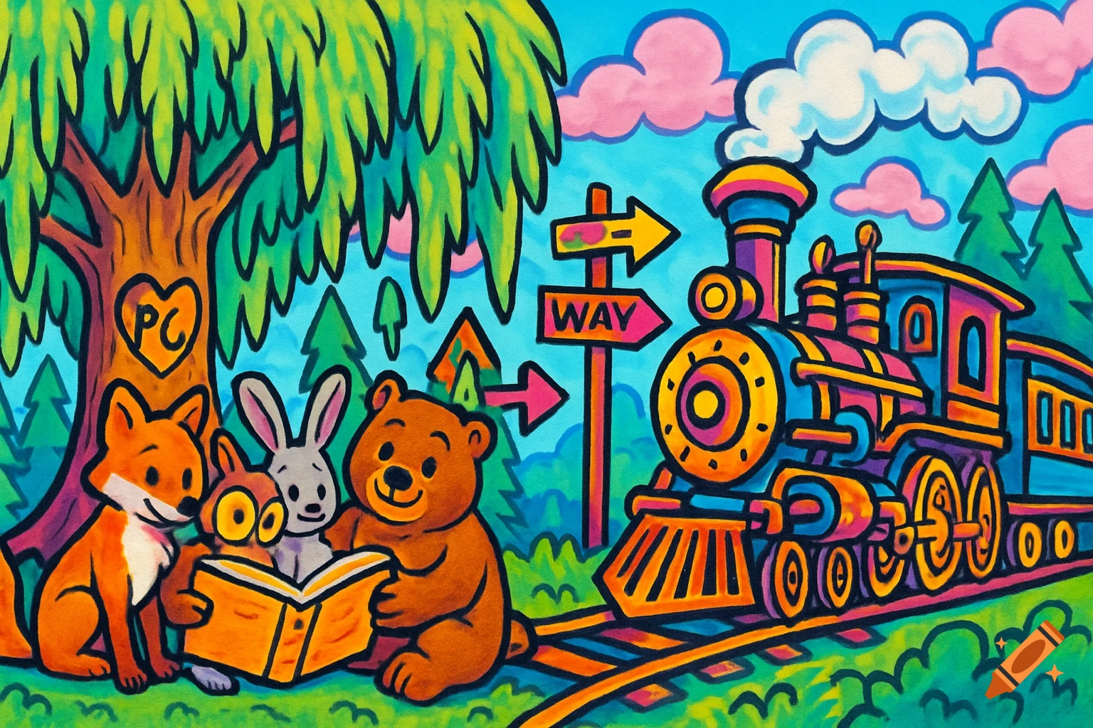 A vibrant cartoon mural with a steampunk train on tracks and forest animals reading a book under a tree. A sign points to 'WAY'.