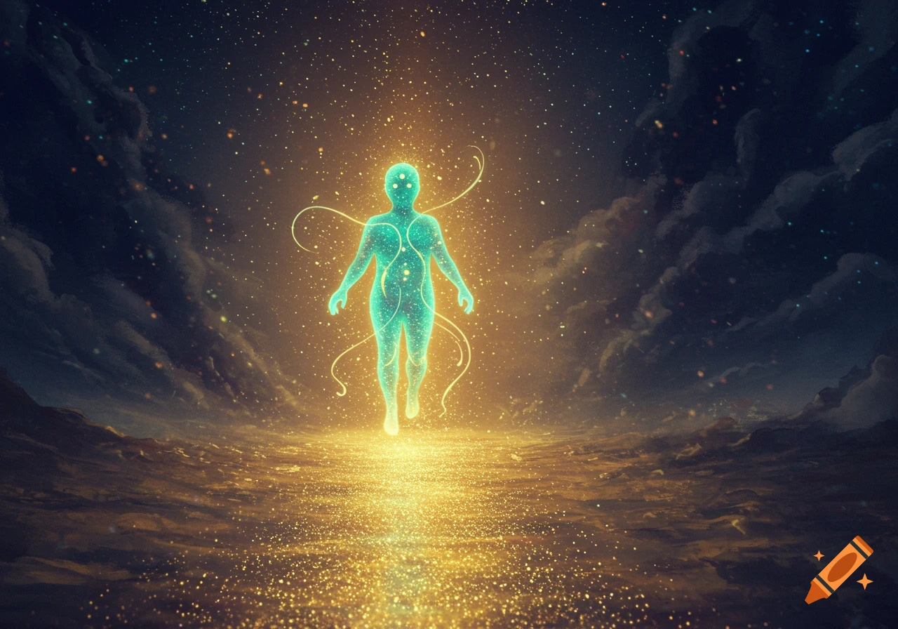 A glowing, ethereal teal figure floats over a shimmering golden landscape under a starry, cloudy night sky.