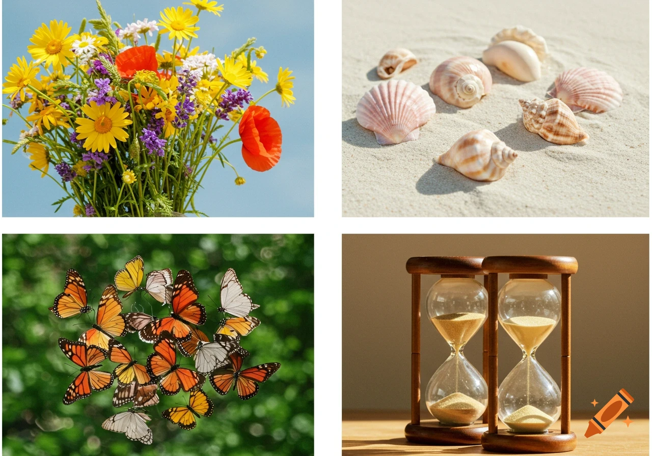 A four-panel grid featuring a bouquet of colorful wildflowers, assorted seashells on sand, a cluster of butterflies on green foliage, and two wooden hourglasses.