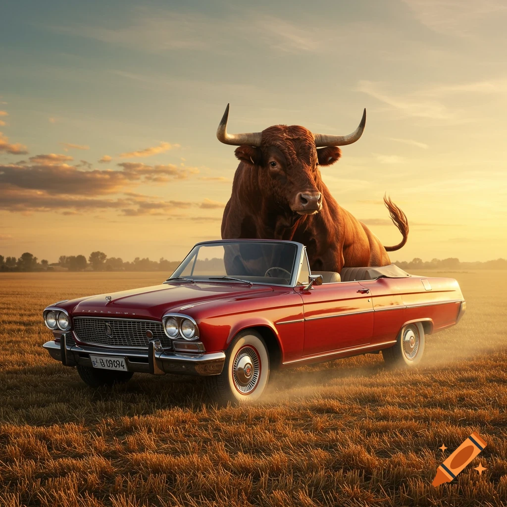 A large bull stands in a red vintage convertible in a golden field at sunset.
