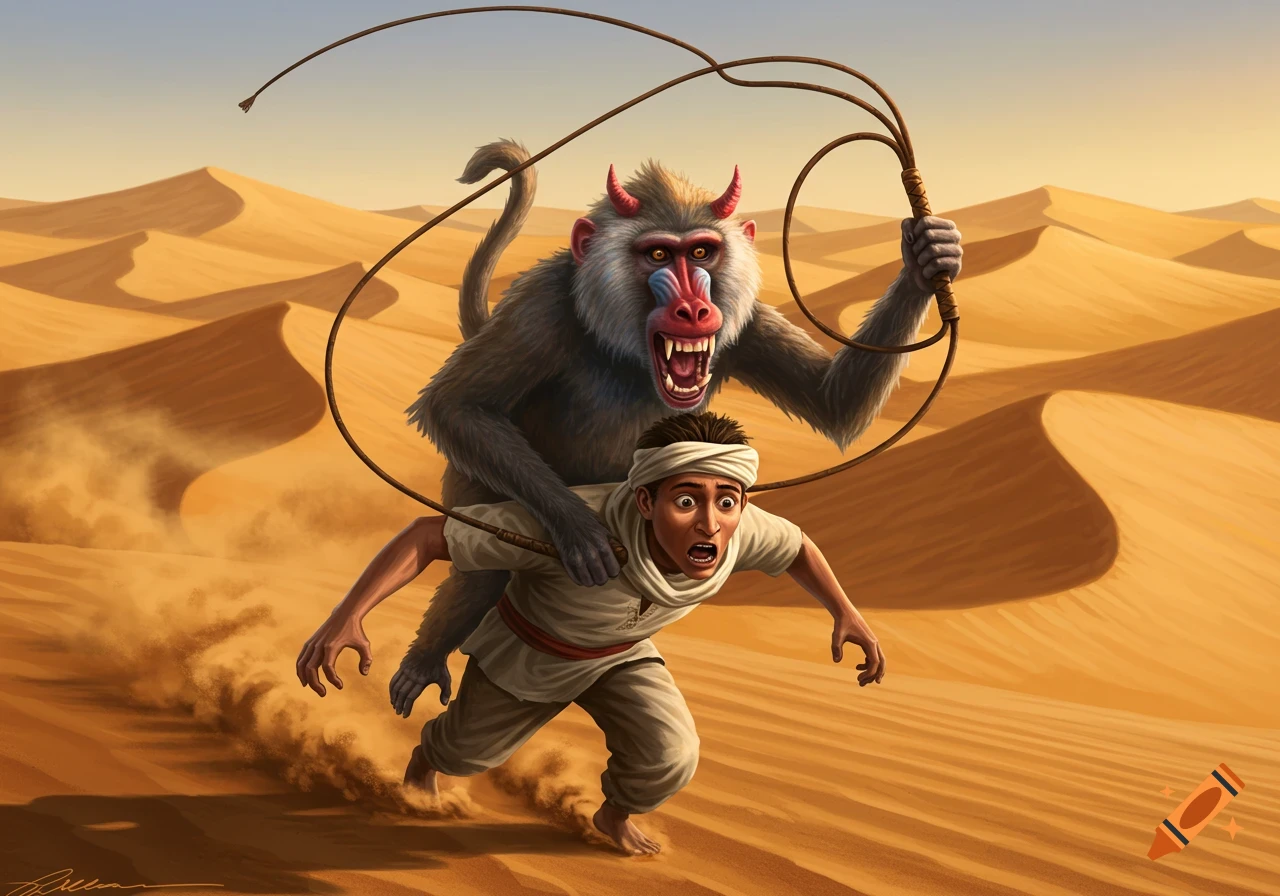 A large, horned baboon rides on the back of a terrified man, holding a whip as they run through a desert of sand dunes.