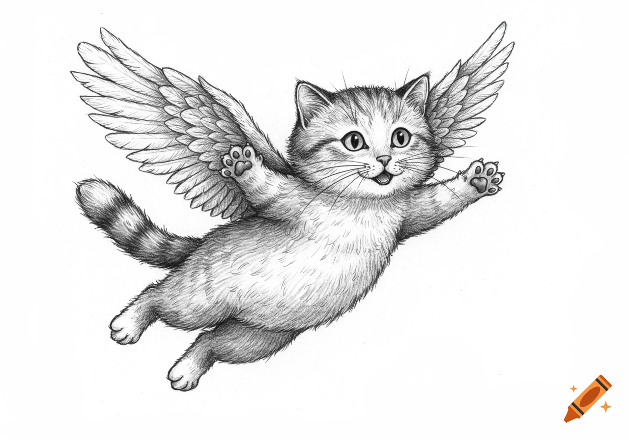 A black and white pencil drawing of a cute, fluffy cat with wings flying in the air.