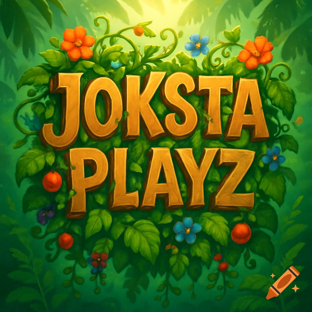 Stylized 3D text 'JOKSTA PLAYZ' surrounded by lush green jungle foliage, orange flowers, and red berries.