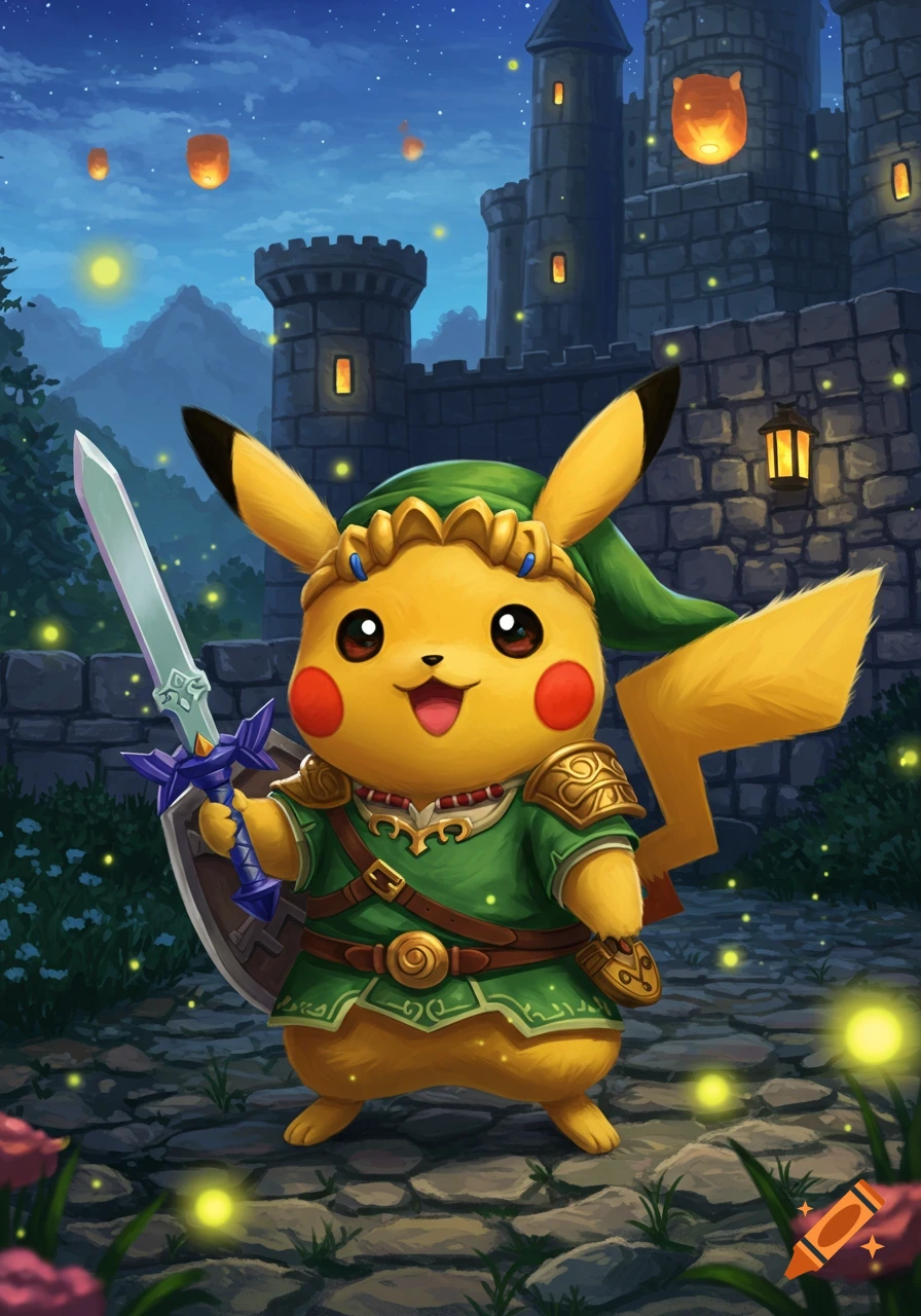 Pikachu dressed as Link from Zelda, holding the Master Sword and a shield, stands on a stone path in front of a castle at night with fireflies.