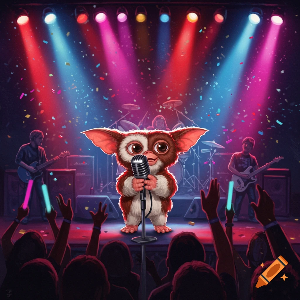 Gizmo from Gremlins sings into a microphone on a stage under colorful spotlights, surrounded by confetti and a cheering audience at a rock concert.