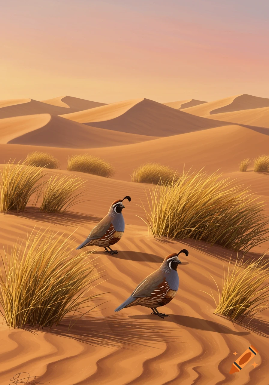 Two quails stand on rippled sand dunes with sparse golden grass under a soft orange sky.