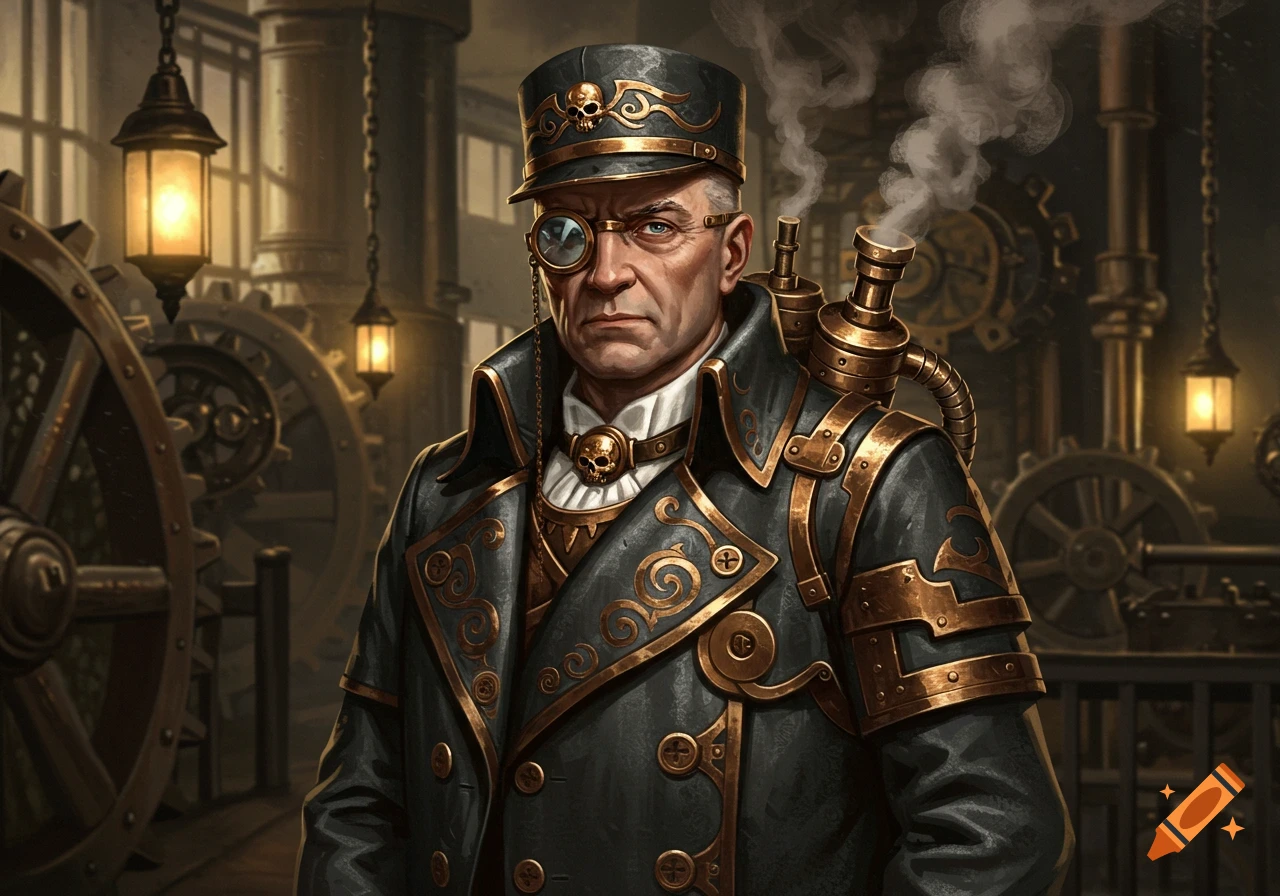 A detailed steampunk portrait of a captain with a monocle, elaborate dark gray and copper coat, and a smoking backpack contraption in an industrial setting.