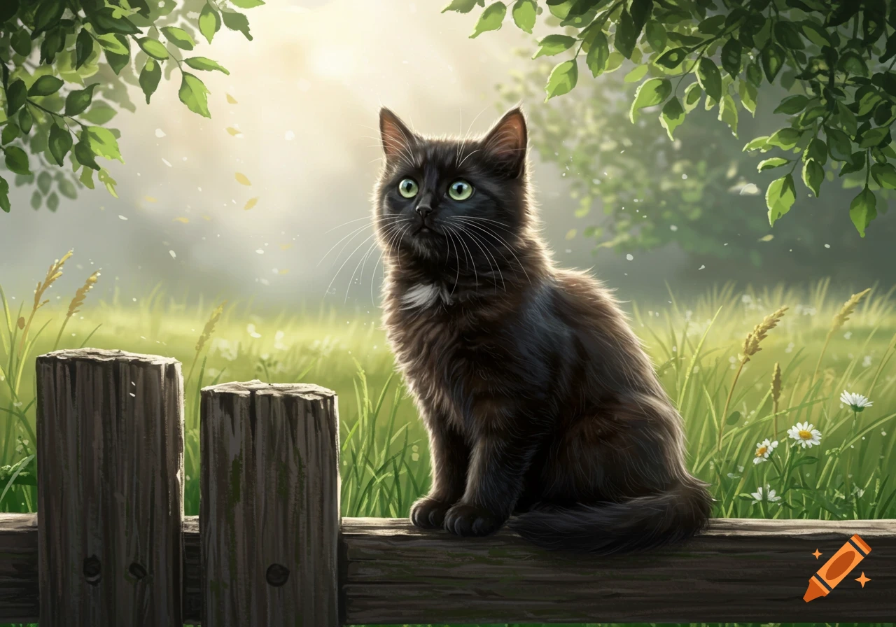 A black kitten with striking green eyes sits on a weathered wooden fence post in a sunlit, green field, under dappled leaves.