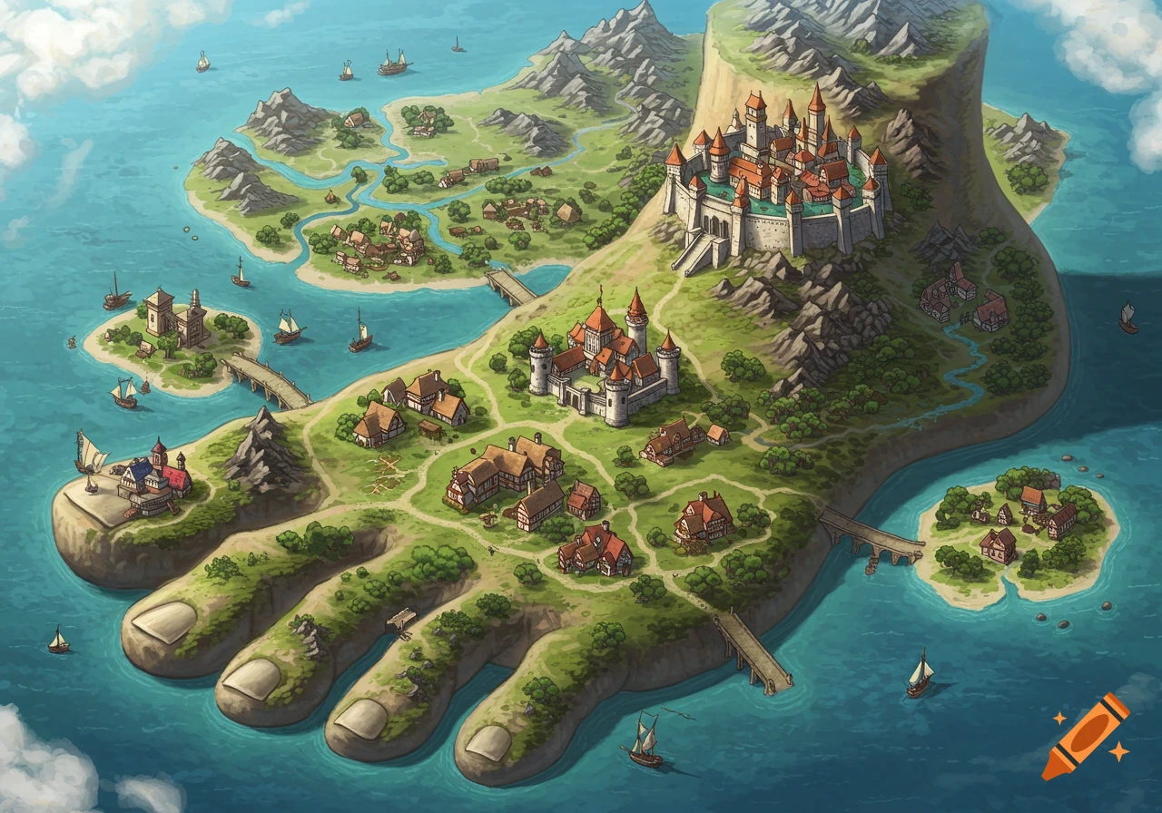 Overhead view of a fantasy map showing a giant island shaped like a foot, with small villages and a large castle.
