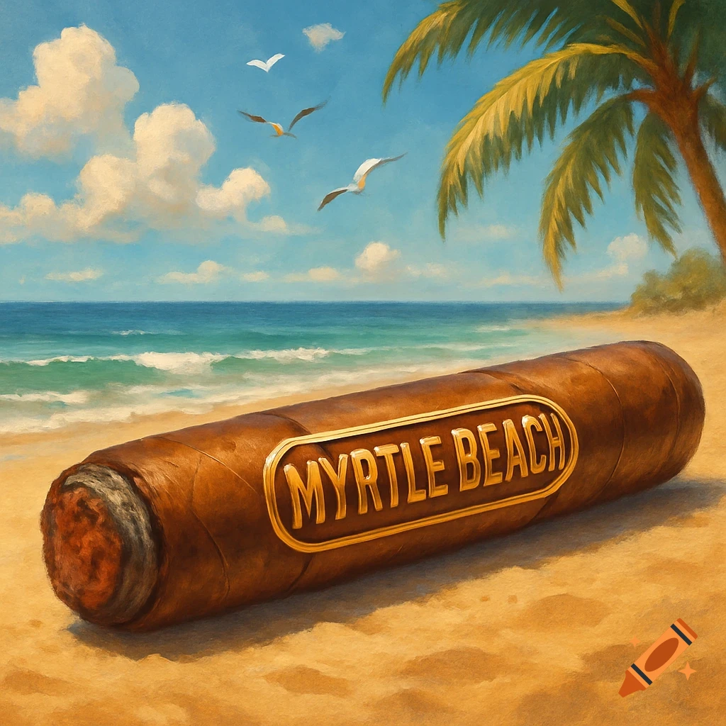 A stylized painting depicting a large cigar with a gold band reading "MYRTLE BEACH" lying on a sandy beach. In the background, there is an ocean with waves, a bright blue sky with clouds, a palm tree, and seagulls flying.