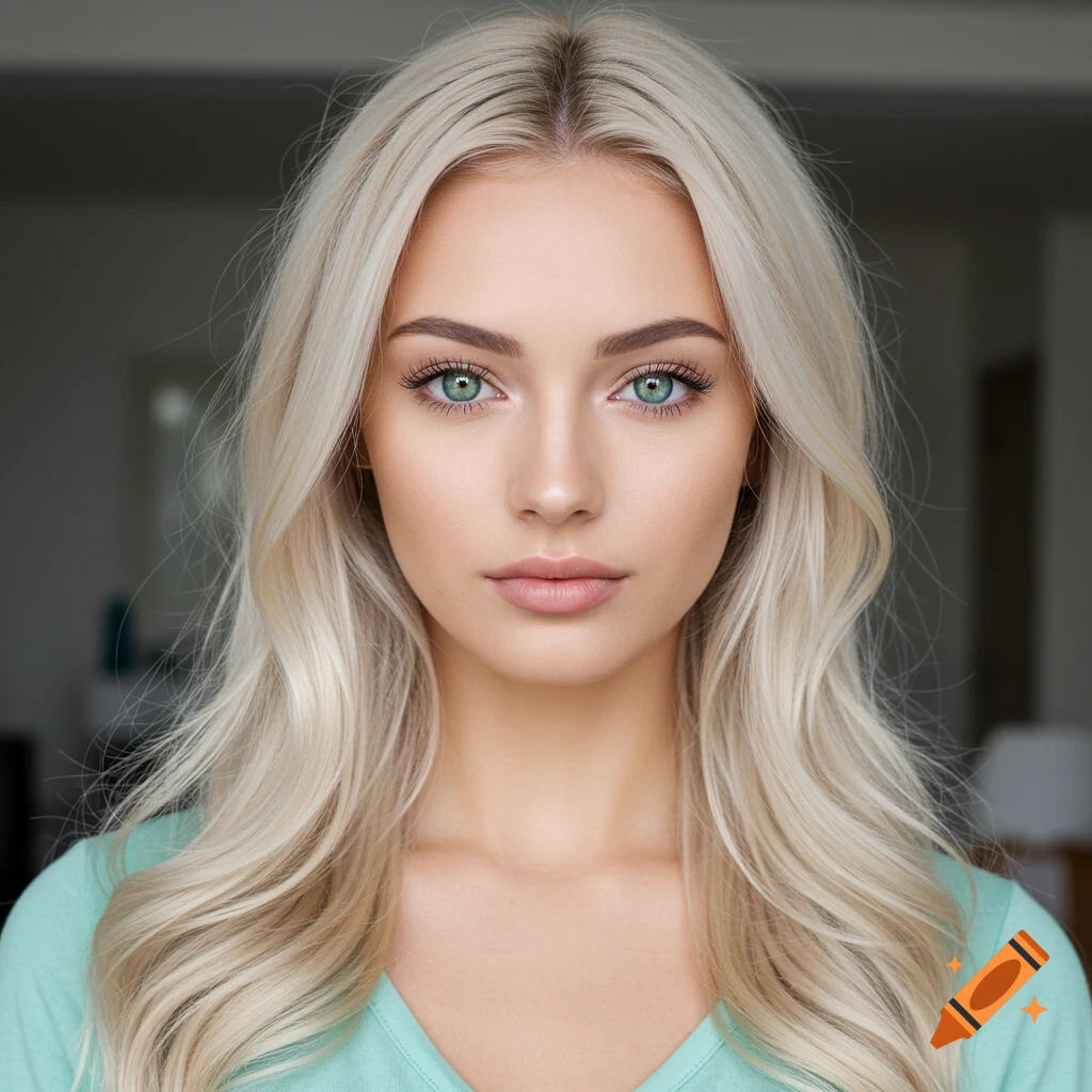 Close-up photorealistic portrait of a woman with long blonde hair and striking green eyes, wearing a light teal shirt.