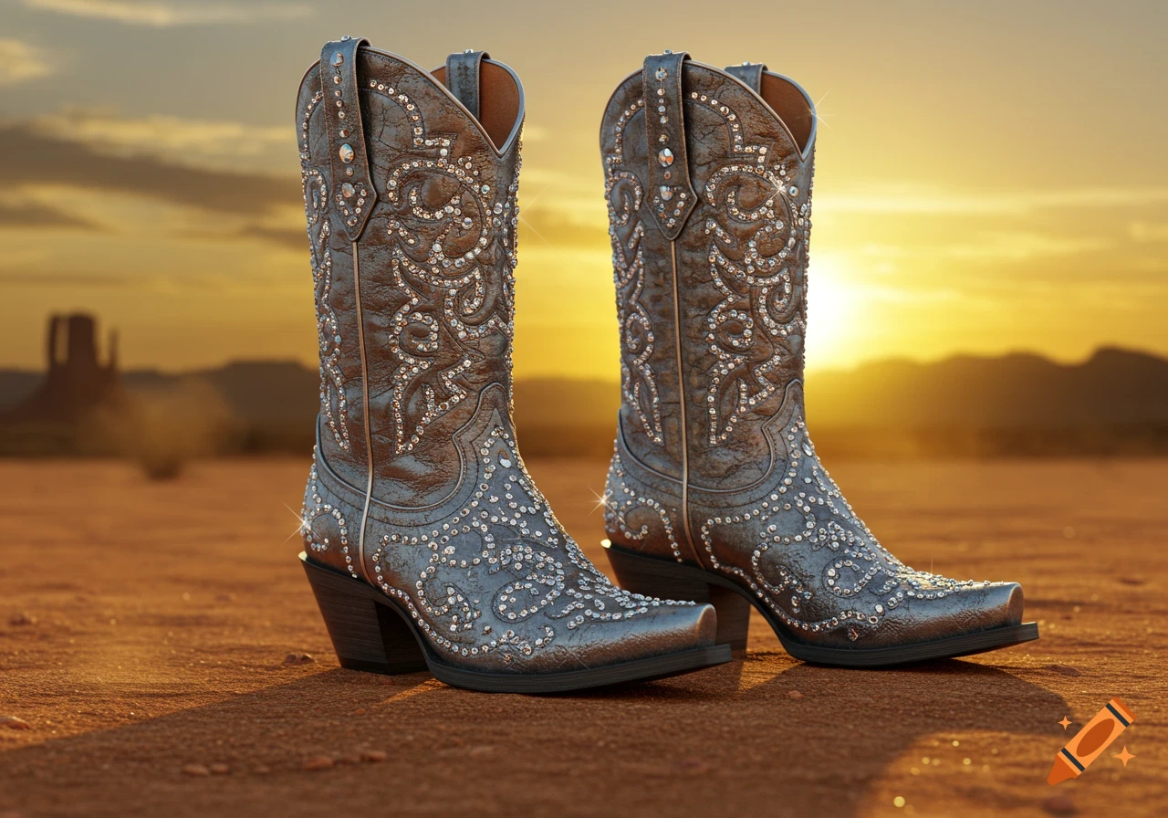 Pair of silver cowgirl boots embellished with diamonds, standing in a desert landscape at sunset.