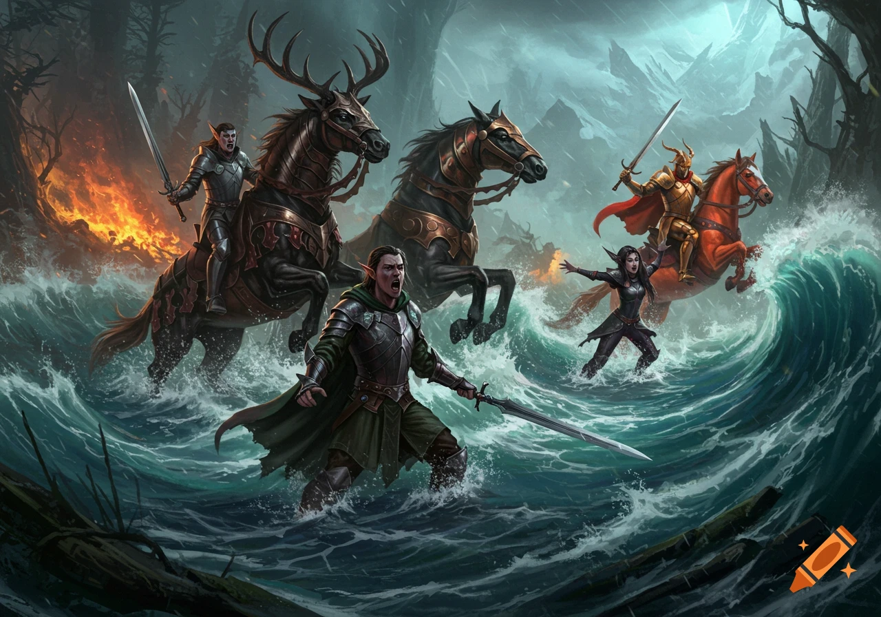 Epic fantasy scene of armored elves and a knight on horseback battling through raging ocean waves and a forest fire.