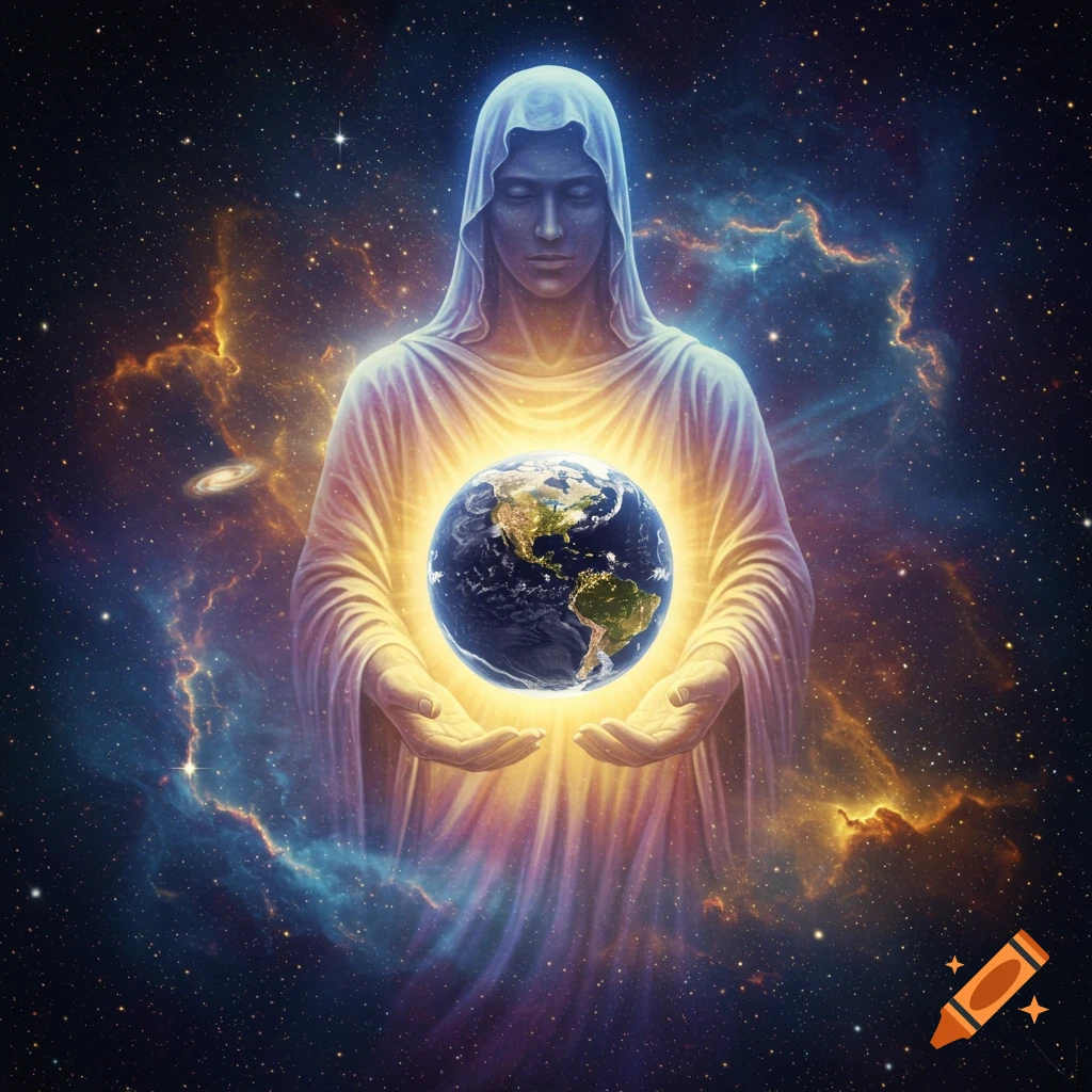 A robed, hooded figure with closed eyes holds a glowing Earth in a starry, colorful nebula.