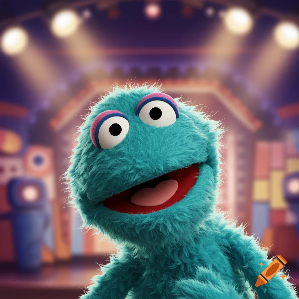 A teal, fuzzy muppet-like character with large eyes and a wide smile on a blurred stage.