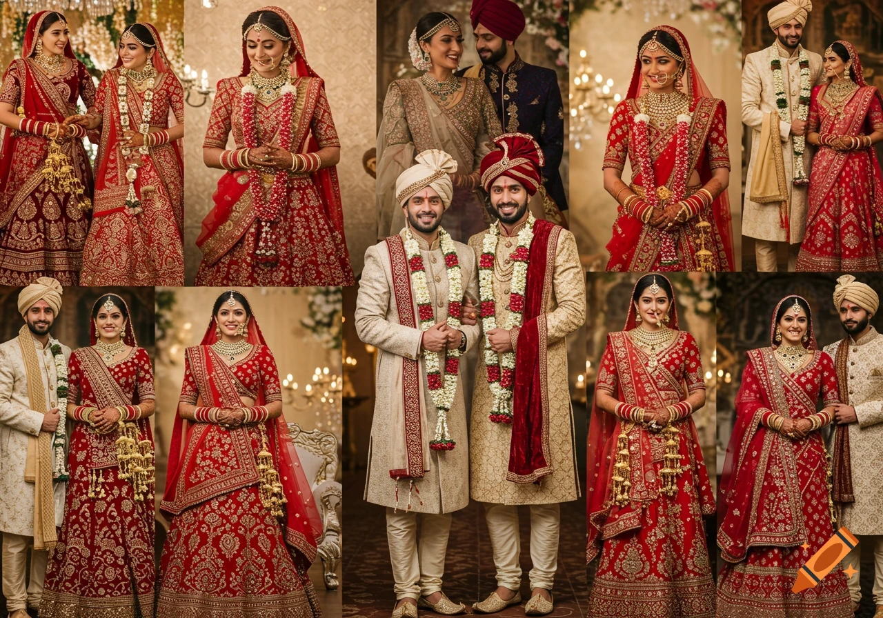Collage of various Indian brides and grooms dressed in ornate traditional wedding attire and jewelry.