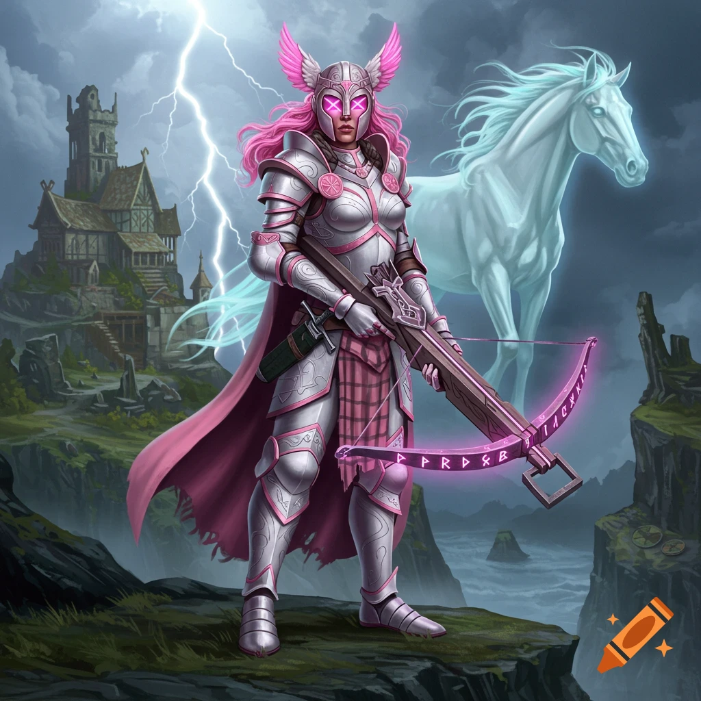 An armored female knight with pink hair, glowing pink eyes, and silver armor with pink trim, holds a glowing pink crossbow. A translucent blue-white horse spirit stands behind her in a stormy, cliffside landscape with a castle.