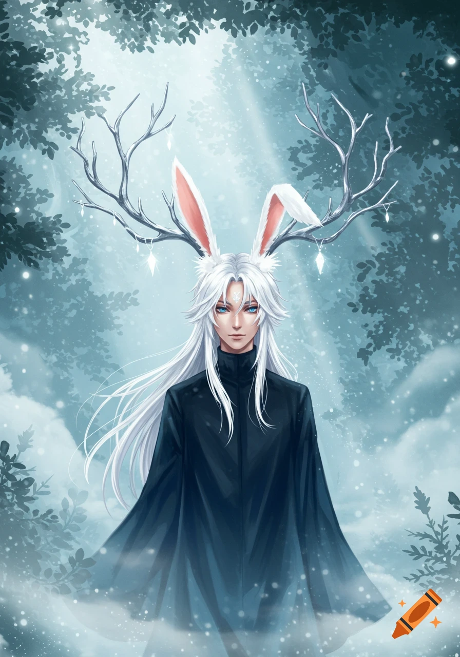 An anime boy with long white hair, blue eyes, white rabbit ears, and antlers, standing in a snowy, magical forest with light rays.