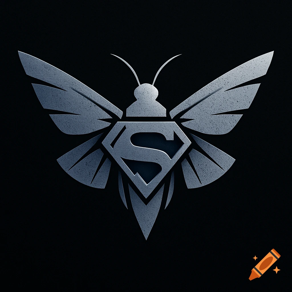 A stylized dark metallic logo combining a moth and the Superman 'S' shield.