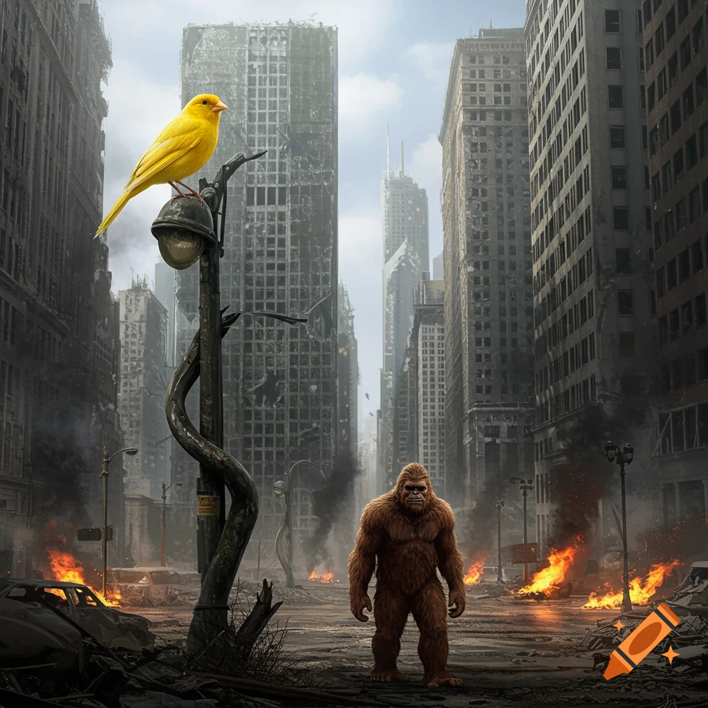 A bright yellow canary perches on a broken lamppost above Bigfoot, both in a desolate, post-apocalyptic city with fires.