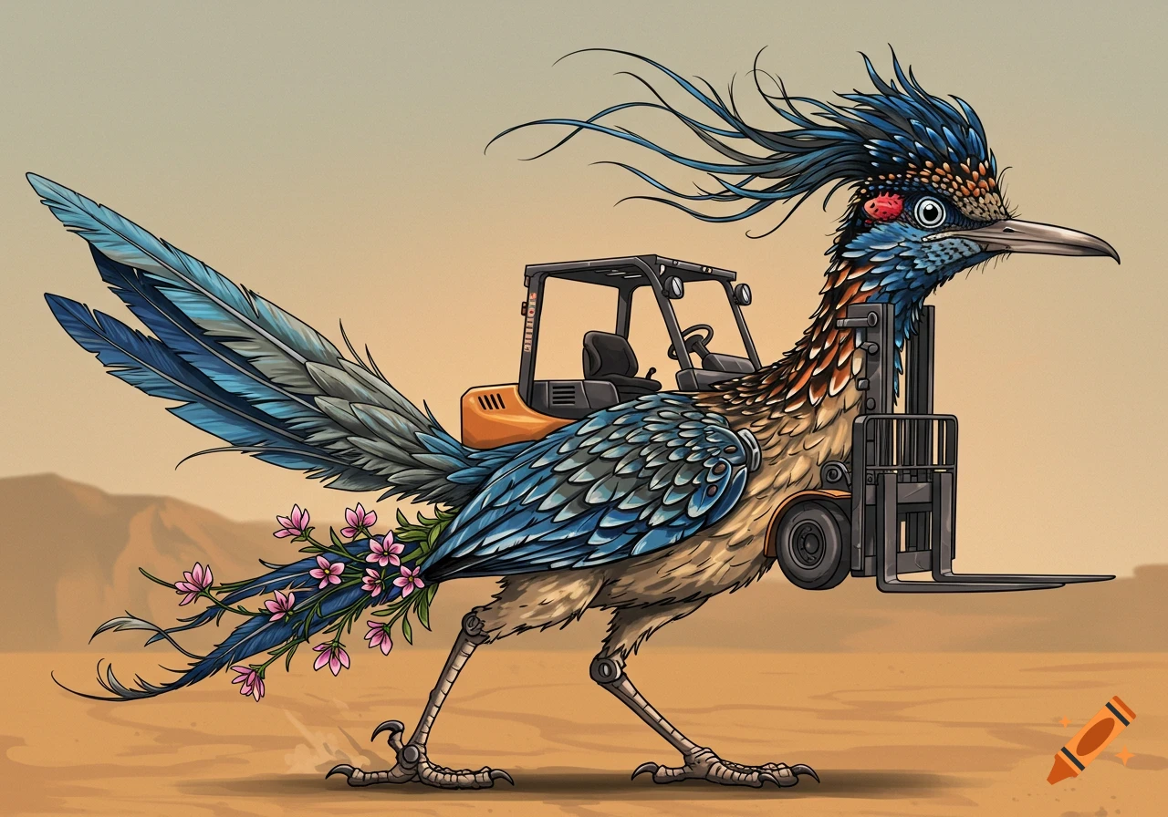 An illustrative roadrunner with blue feathers and an integrated yellow and gray forklift body. Pink flowers adorn its tail.