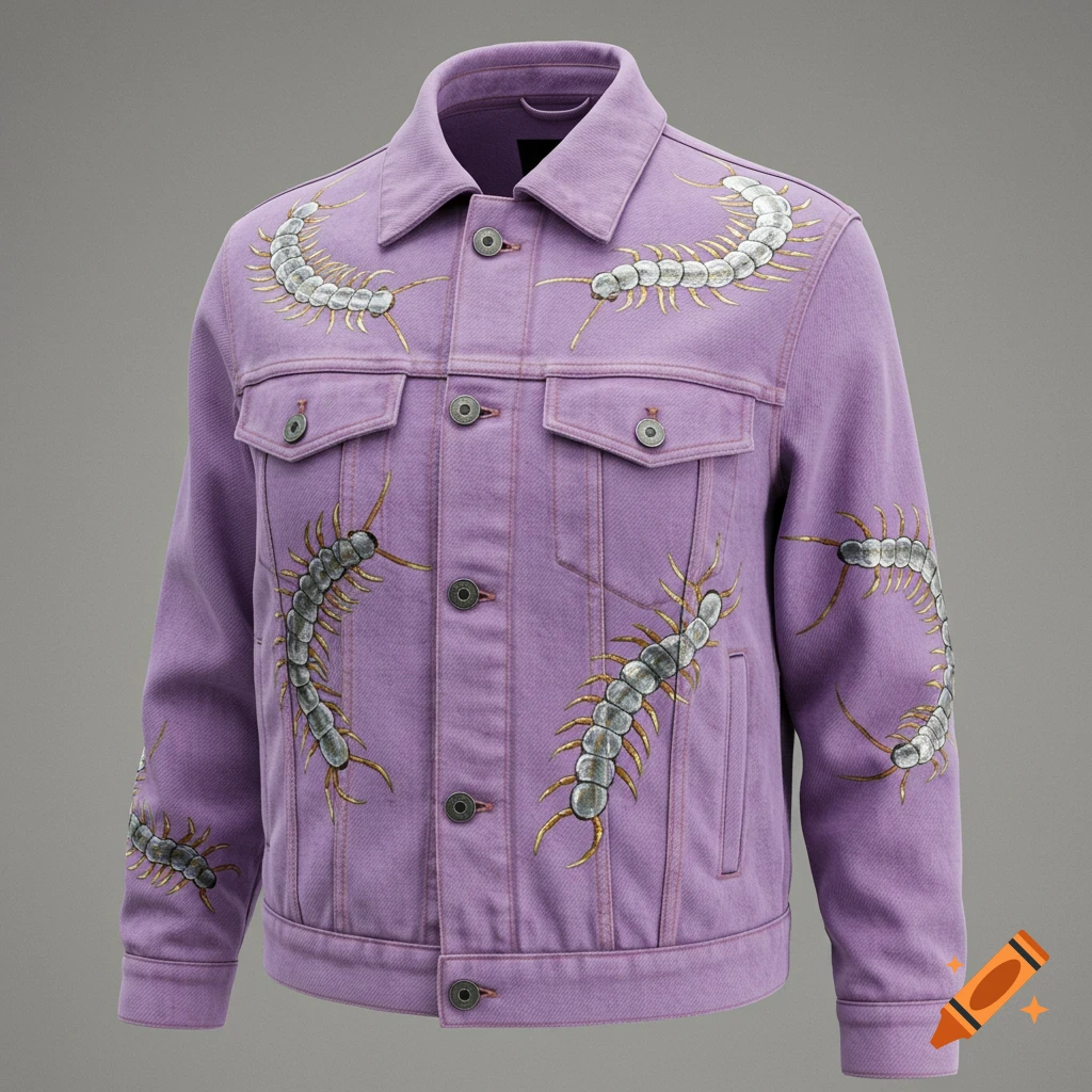 Lilac purple denim jacket featuring multiple custom-painted centipede designs appearing to crawl on the fabric, against a grey background.